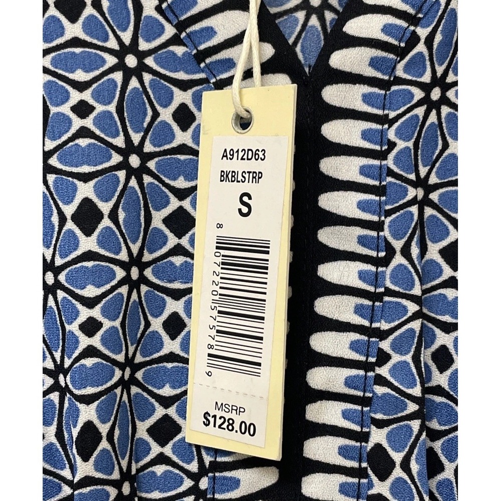 Max Studio Dress Blue Printed Short Sleeve V Neck Midi Tie Waist Women's S NWT - Picture 3 of 9